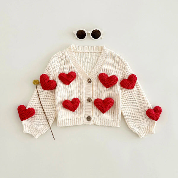 Cardigan Infantil Feminino Tricô Antialérgico e Corações 3D 6 Meses a 3 Anos Varialle