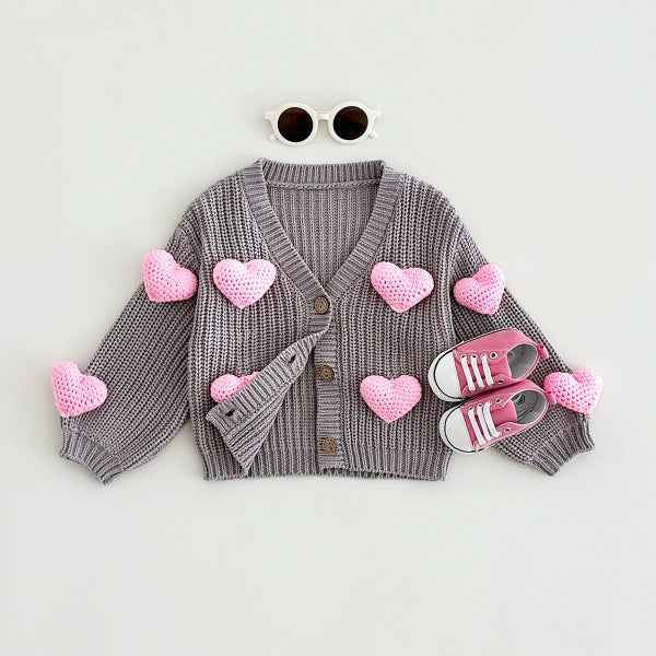 Cardigan Infantil Feminino Tricô Antialérgico e Corações 3D 6 Meses a 3 Anos Varialle