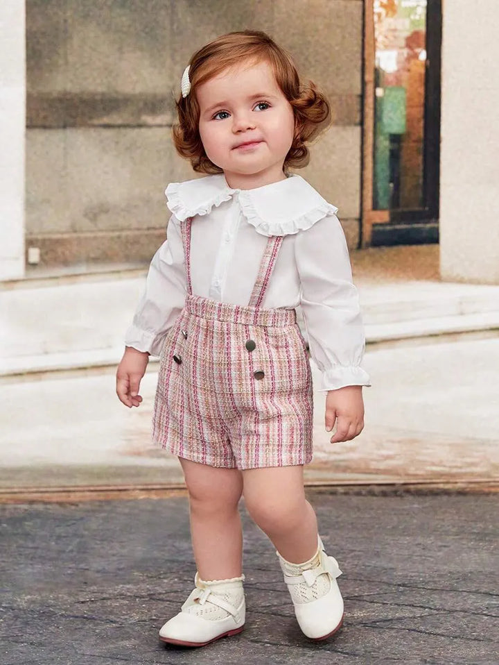 Conjunto Bebê Menina Camisa Shorts Suspensório 6 Meses a 3 Anos Varialle