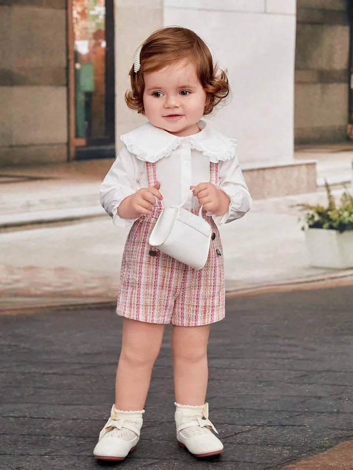 Conjunto Bebê Menina Camisa Shorts Suspensório 6 Meses a 3 Anos Varialle