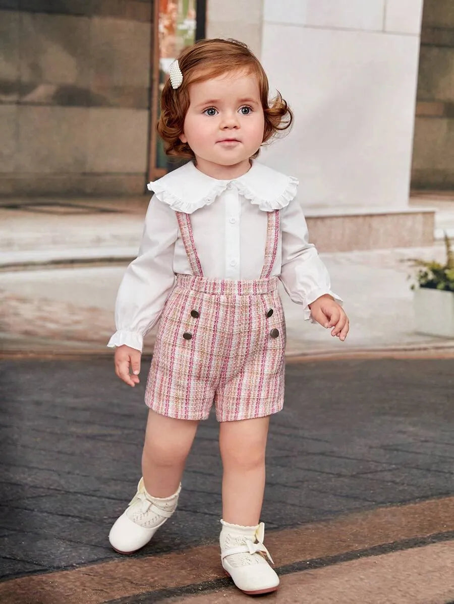 Conjunto Bebê Menina Camisa Shorts Suspensório 6 Meses a 3 Anos Varialle