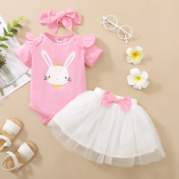 Conjunto Infantil Body Coelhinho, Saia Tutu Rosa e HeadBand 0 a 18 Meses Varialle