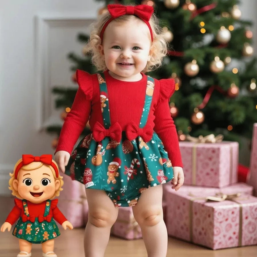 Macacão Natalino Bebê com Suspensório e Laços Vermelhos 3 a 24 Meses