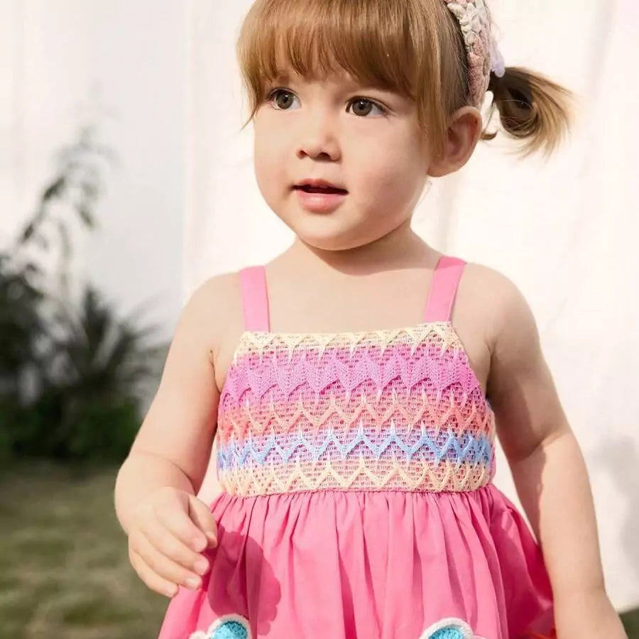 Vestido Infantil Feminino Rosa com Flor em Crochê 100% Algodão 6M a 3A