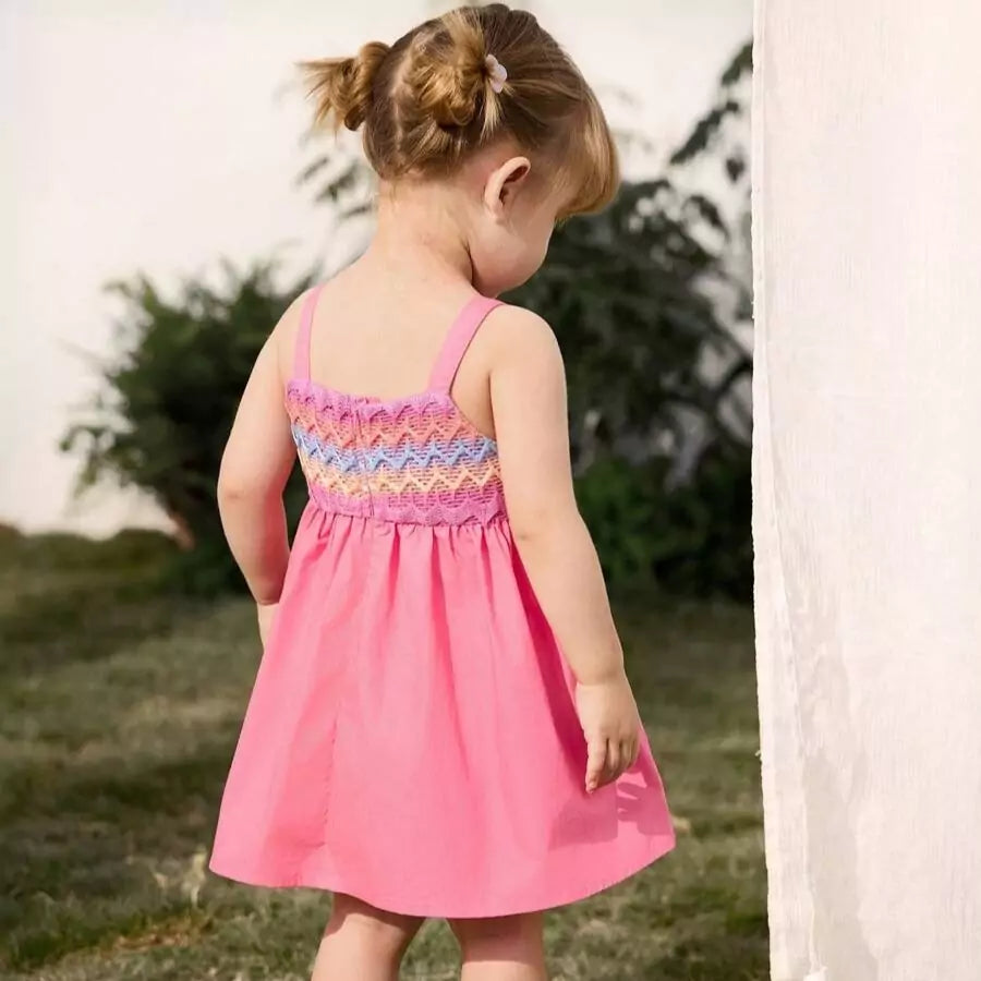 Vestido Infantil Feminino Rosa com Flor em Crochê 100% Algodão 6M a 3A