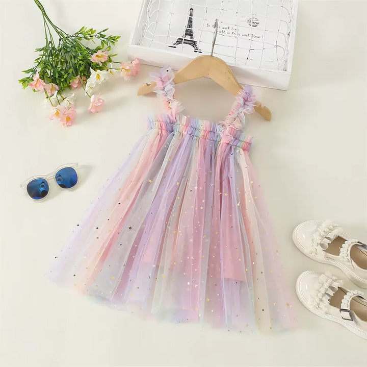 Vestido Infantil de Tule Multicolorido com Estrelas 9 Meses a 5 Anos Varialle