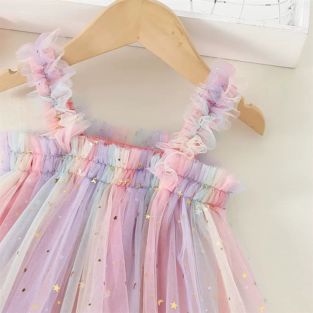 Vestido Infantil de Tule Multicolorido com Estrelas 9 Meses a 5 Anos Varialle