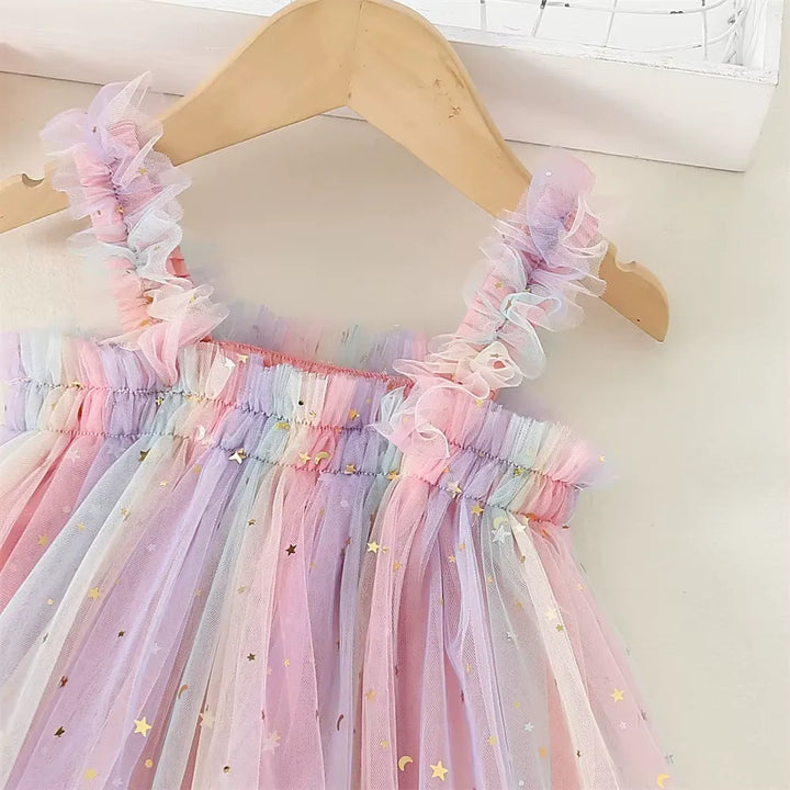 Vestido Infantil de Tule Multicolorido com Estrelas 9 Meses a 5 Anos Varialle
