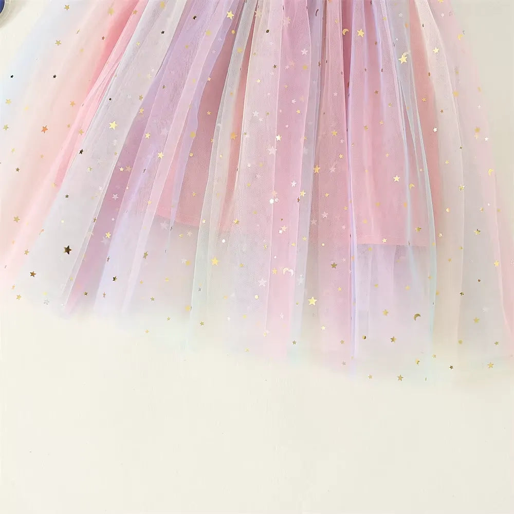 Vestido Infantil de Tule Multicolorido com Estrelas 9 Meses a 5 Anos Varialle
