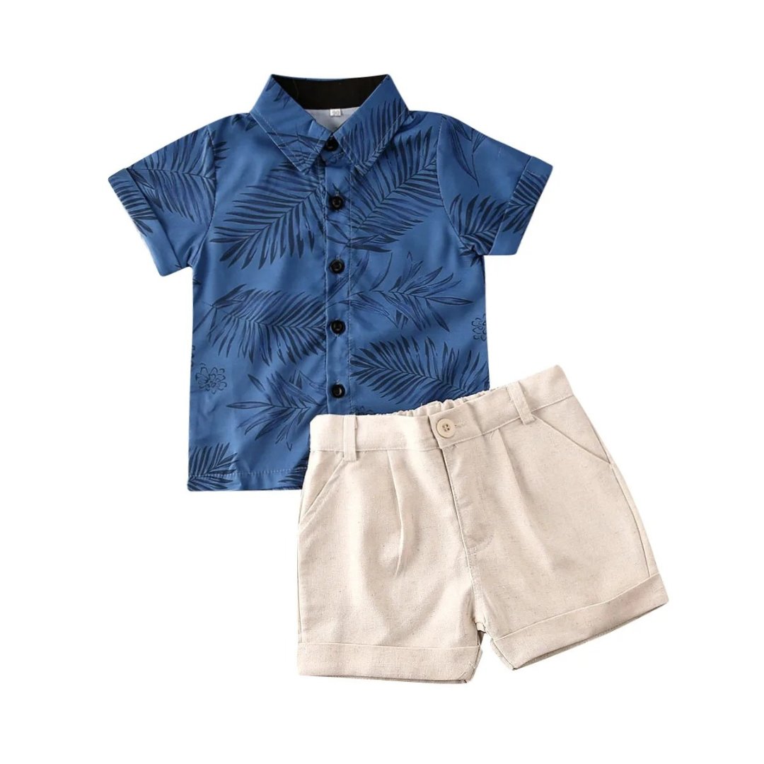 Conjunto de Verão para Bebê Menino Camisa com Estampa de Folhas e Bermuda - Varialle