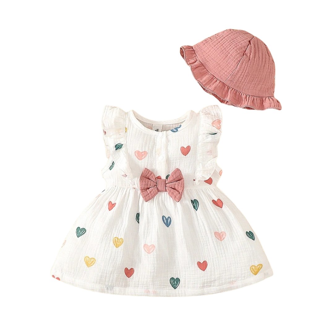 Conjunto de Vestido e Chapéu para Bebês com Estampa de Corações - EncantBaby - Varialle