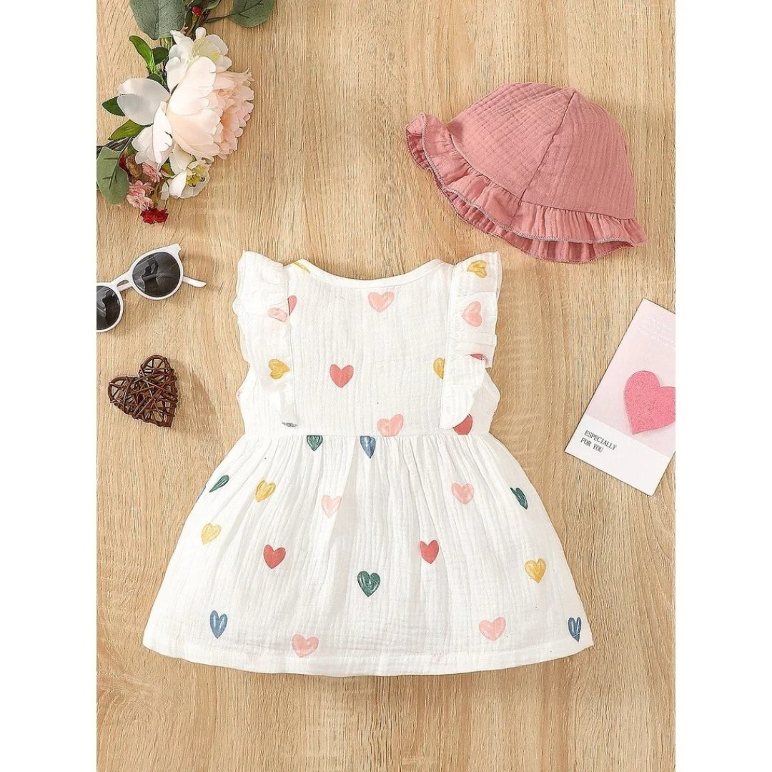 Conjunto de Vestido e Chapéu para Bebês com Estampa de Corações - EncantBaby - Varialle