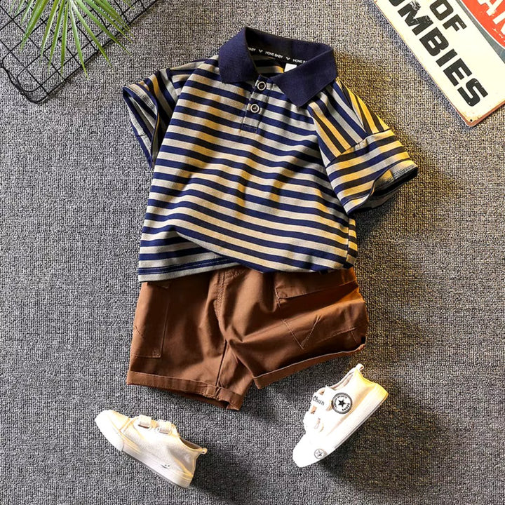Conjunto Infantil Masculino Gola Polo Listrada e Shorts - 12 Meses a 5 Anos - Varialle