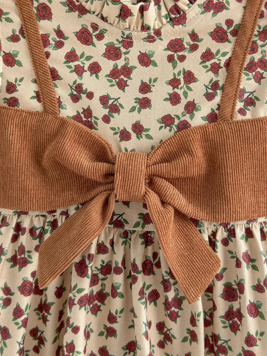 vestido floral infantil manga longa com laço marrom para meninas de 6 meses a 3 anos Varialle