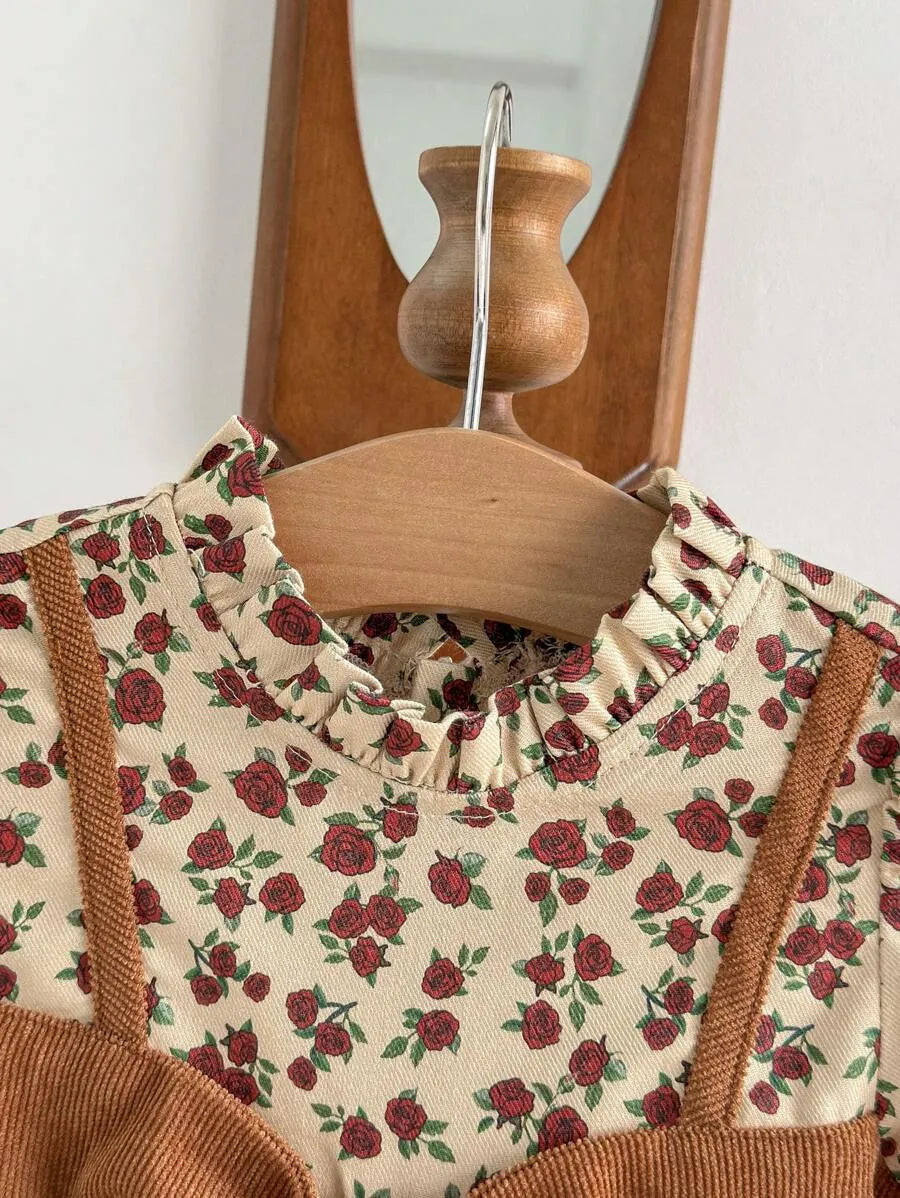 vestido floral infantil manga longa com laço marrom para meninas de 6 meses a 3 anos Varialle