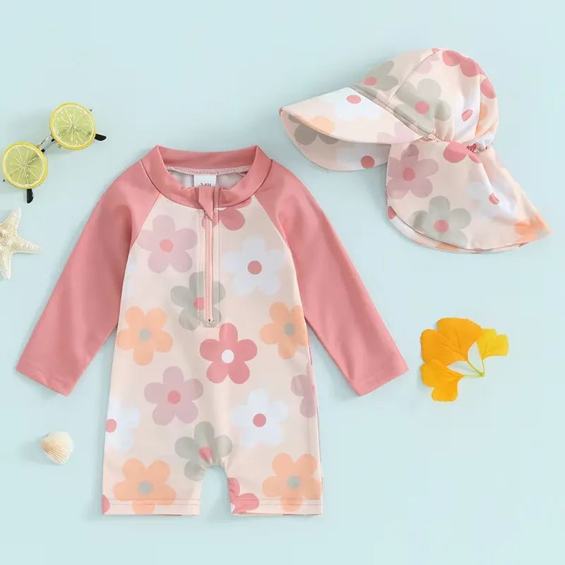 Maiô Infantil Unissex com Zíper - Estampas Coloridas e Chapéu 0 a 3 Anos - Varialle