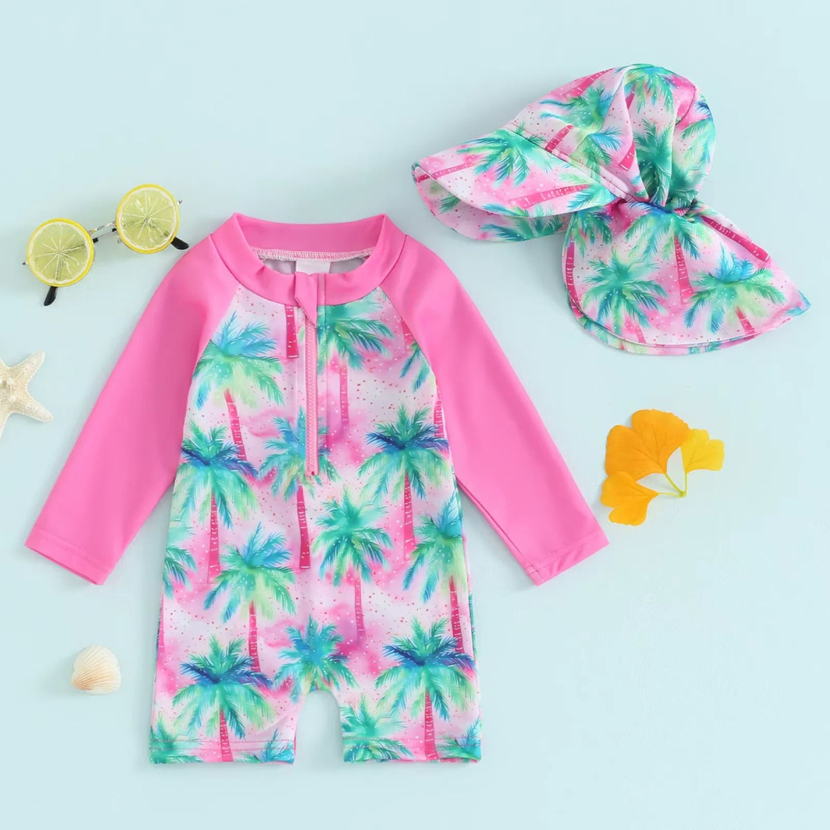 Maiô Infantil Unissex com Zíper - Estampas Coloridas e Chapéu 0 a 3 Anos - Varialle