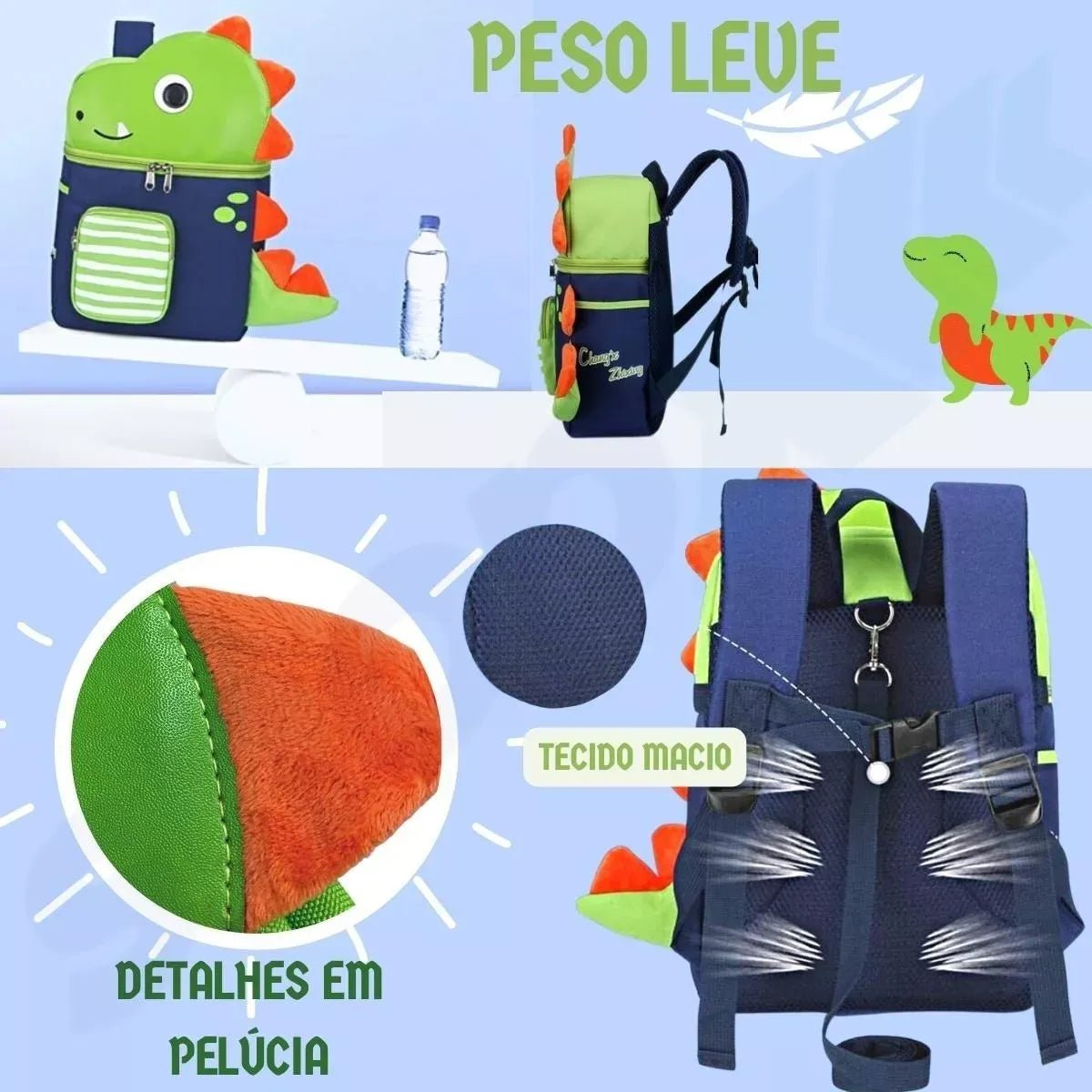 Mochila Infantil Dino Amigável com Pelúcia - Varialle
