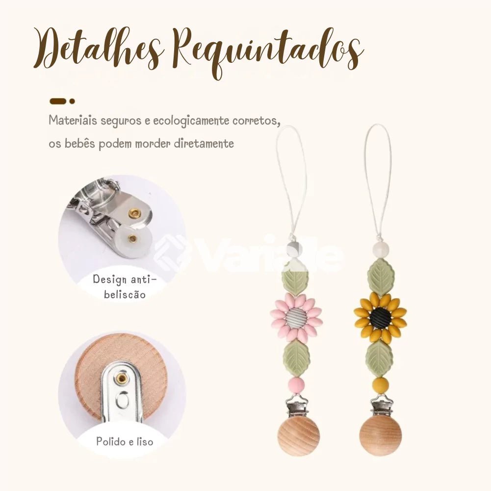 Prendedor de Chupeta Feito a Mão - Petalinha Baby | Silicone e Madeira Natural de Alta Qualidade - Varialle