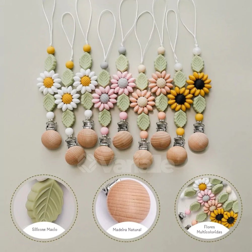 Prendedor de Chupeta Feito a Mão - Petalinha Baby | Silicone e Madeira Natural de Alta Qualidade - Varialle