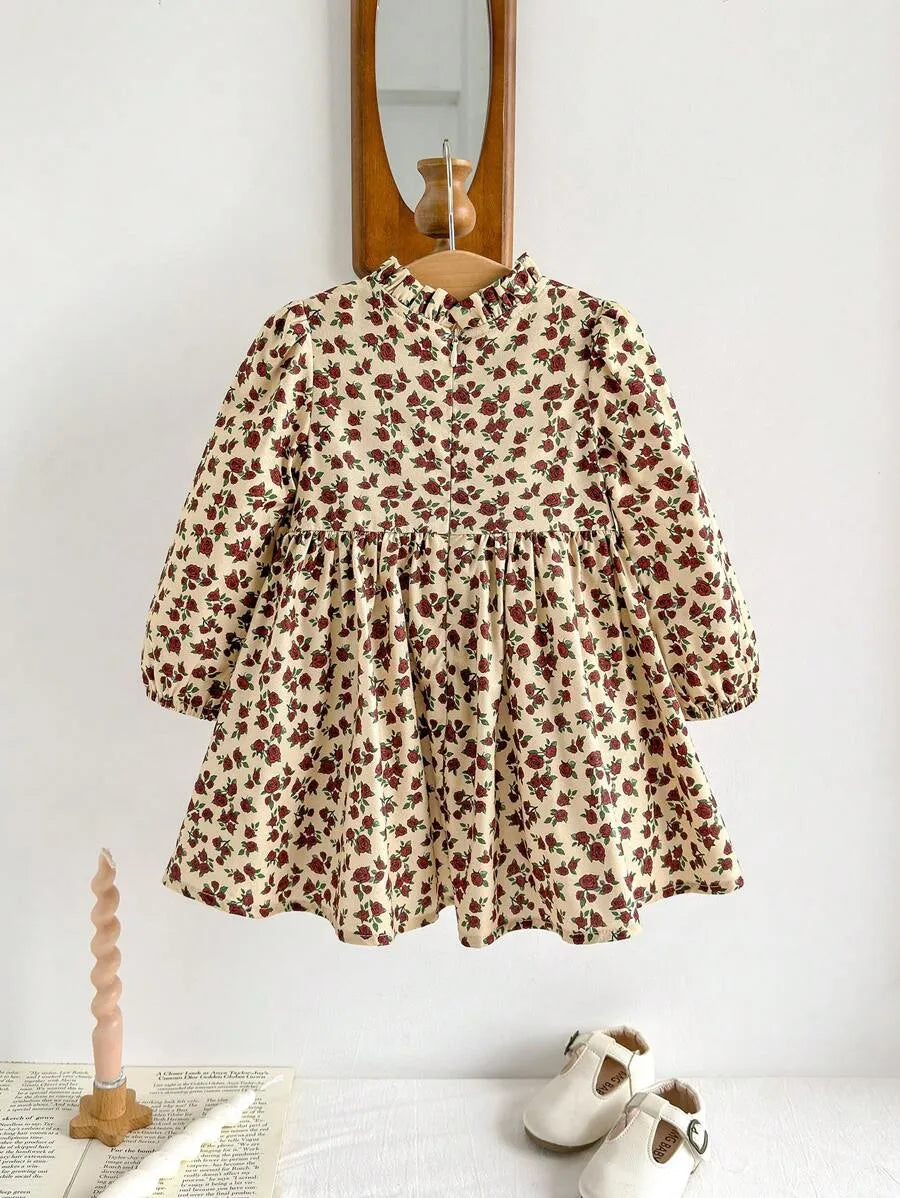 vestido floral infantil manga longa com laço marrom para meninas de 6 meses a 3 anos Varialle
