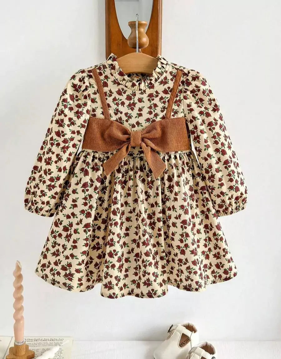 vestido floral infantil manga longa com laço marrom para meninas de 6 meses a 3 anos Varialle