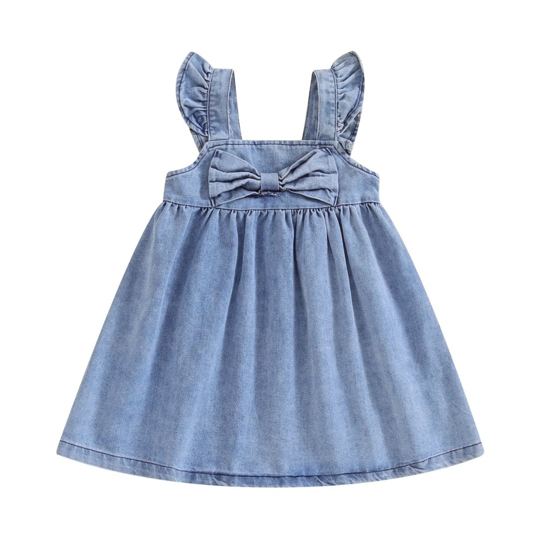 Vestido Infantil Jeans Denim com Aplique de Laço para Meninas - 12 Meses a 4 Anos - Varialle
