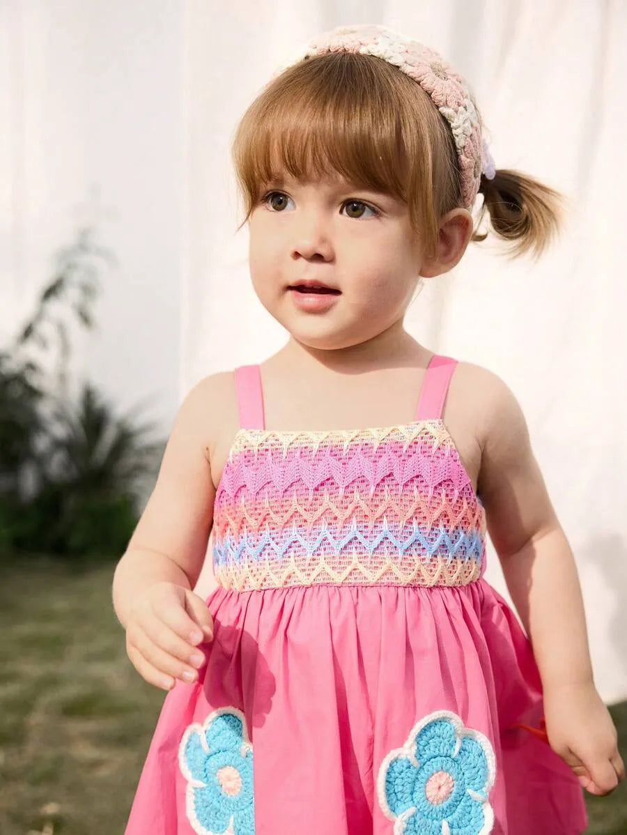 vestido infantil feminino rosa com flor em croche para bebes de 6 meses a 3 anos Varialle