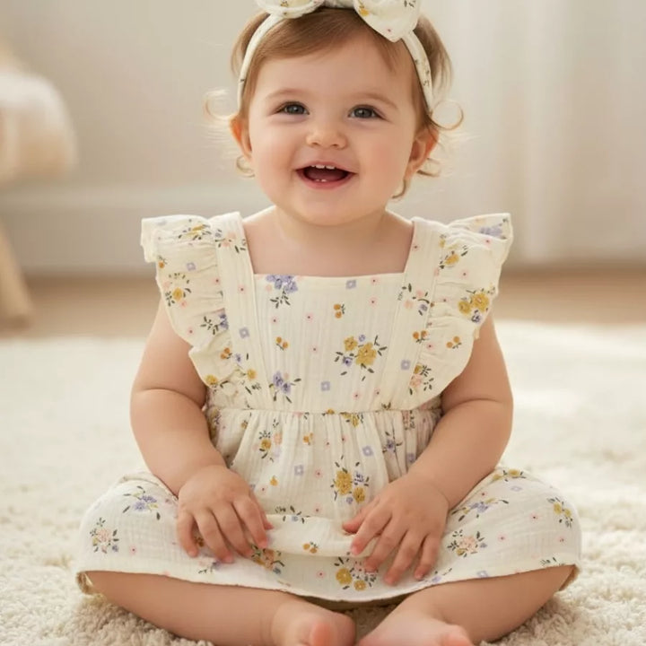 Vestido Infantil Floral com Faixa de Cabelo 6 Meses a 3 Anos