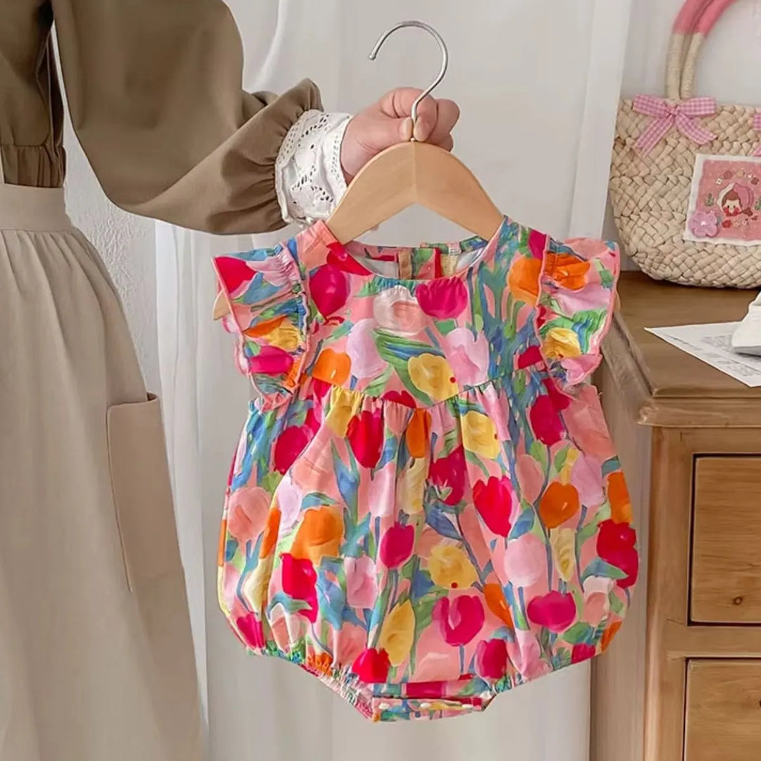 Body Bebê Menina Algodão Estampado com Tulipas - 3 a 24 Meses - Varialle