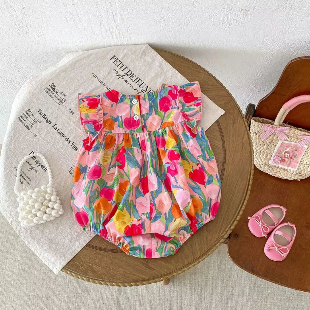 Body Bebê Menina Algodão Estampado com Tulipas - 3 a 24 Meses - Varialle