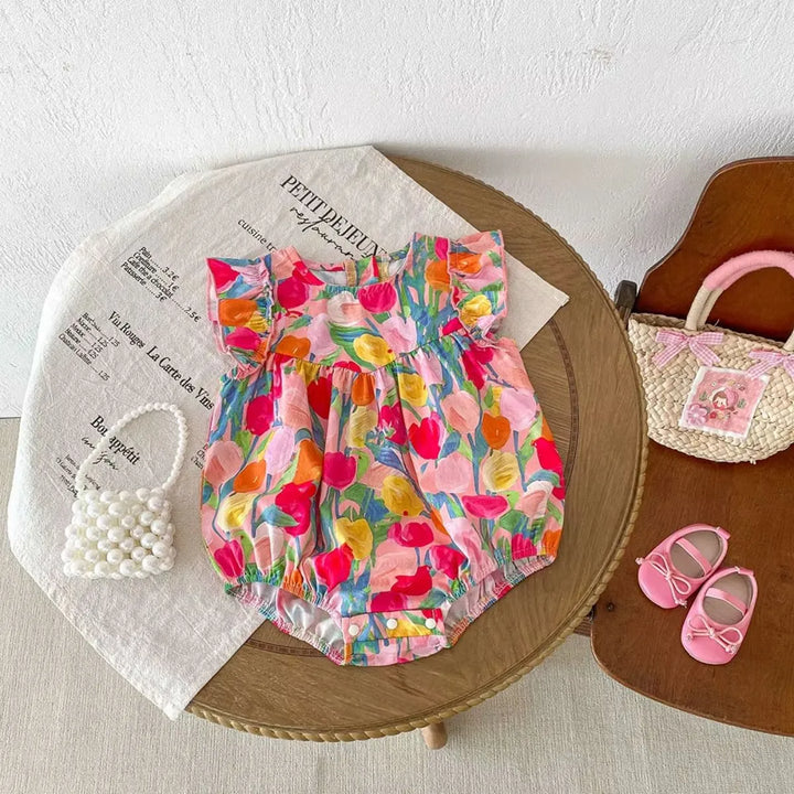 Body Bebê Menina Algodão Estampado com Tulipas - 3 a 24 Meses - Varialle