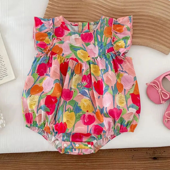 Body Bebê Menina Algodão Estampado com Tulipas - 3 a 24 Meses - Varialle