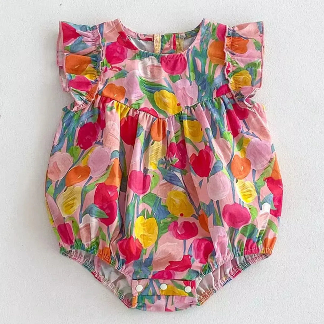 Body Bebê Menina Algodão Estampado com Tulipas - 3 a 24 Meses - Varialle