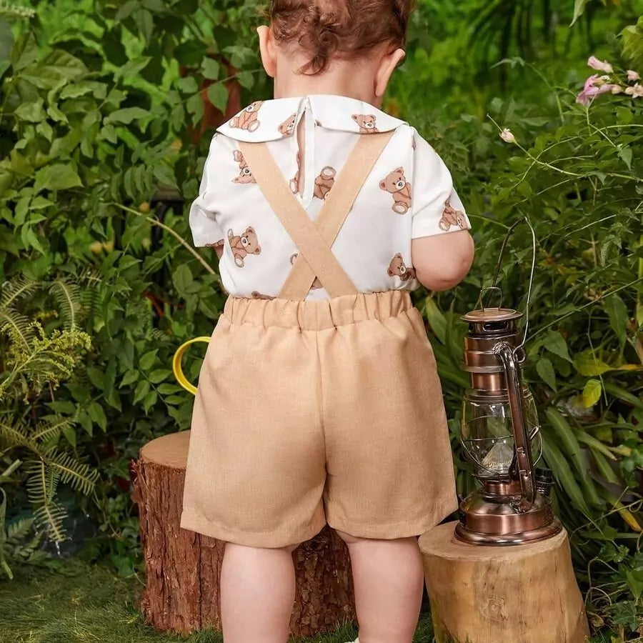 Conjunto Infantil Ursinho Explorador com Suspensório e Chapéu 6M a 3A