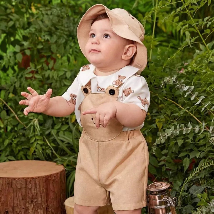 Conjunto Infantil Ursinho Explorador com Suspensório e Chapéu 6M a 3A