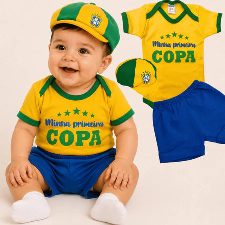 Conjunto Roupinha de Bebê Copa do Mundo Body Shorts e Boina 0 a 12 Meses
