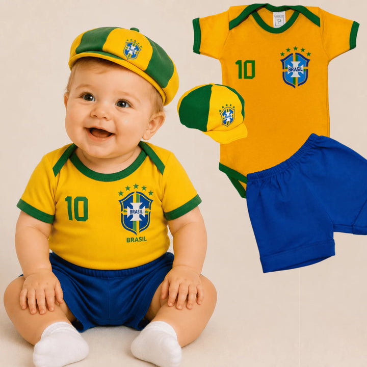 Conjunto Roupinha de Bebê Copa do Mundo Body Shorts e Boina 0 a 12 Meses