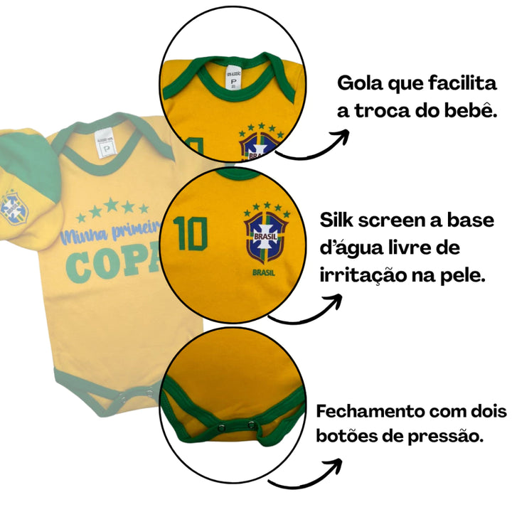 Conjunto Roupinha de Bebê Copa do Mundo Body Shorts e Boina 0 a 12 Meses