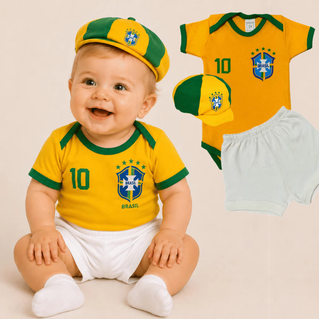 Conjunto Roupinha de Bebê Copa do Mundo Body Shorts e Boina 0 a 12 Meses