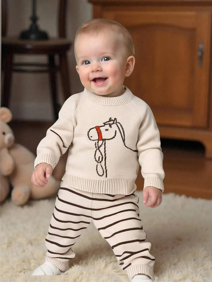 Conjunto Bebê Menino Tricô Cavalinho Calça Listrada 6 Meses a 3 Anos Varialle