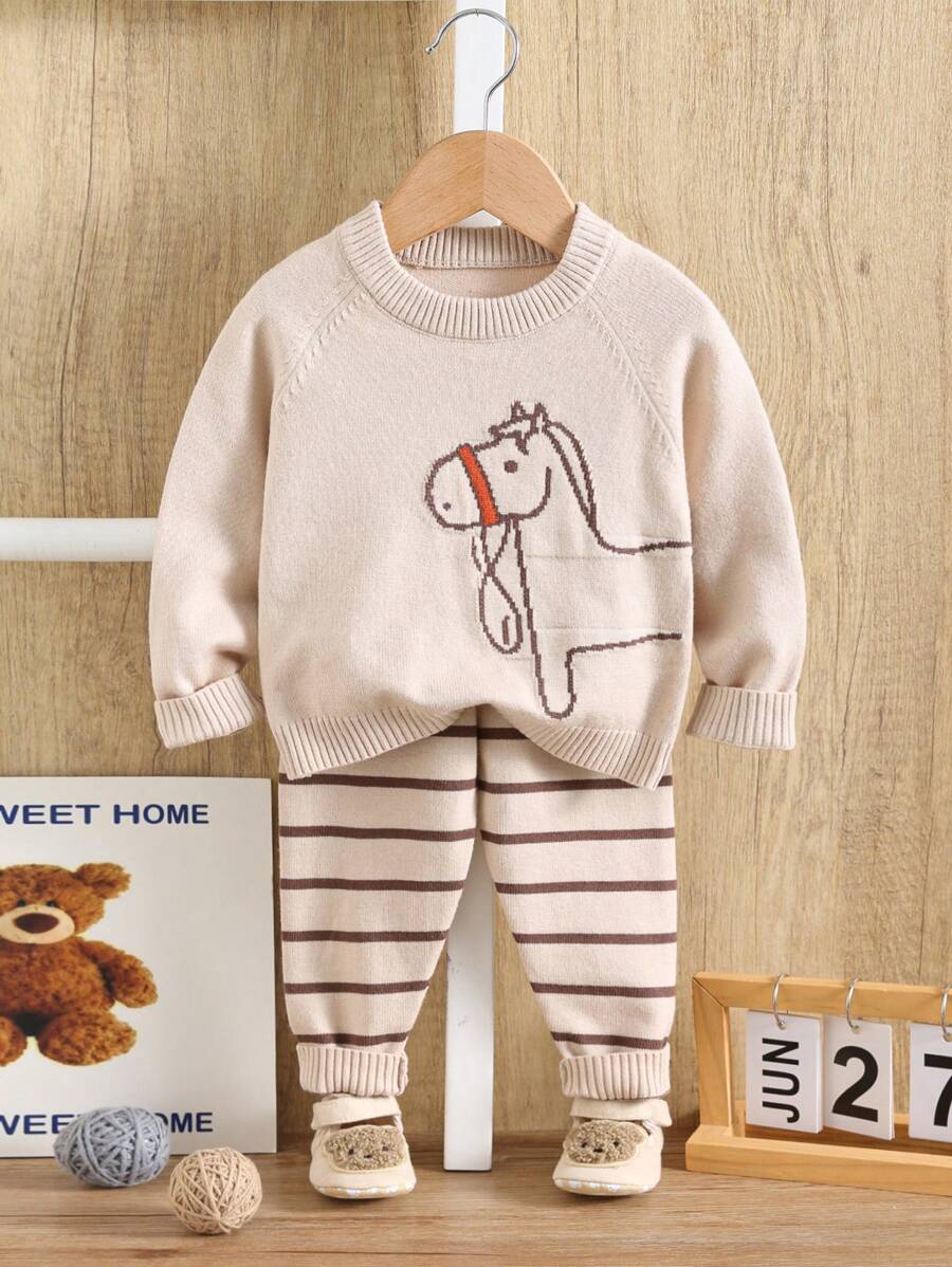 Conjunto Bebê Menino Tricô Cavalinho Calça Listrada 6 Meses a 3 Anos Varialle