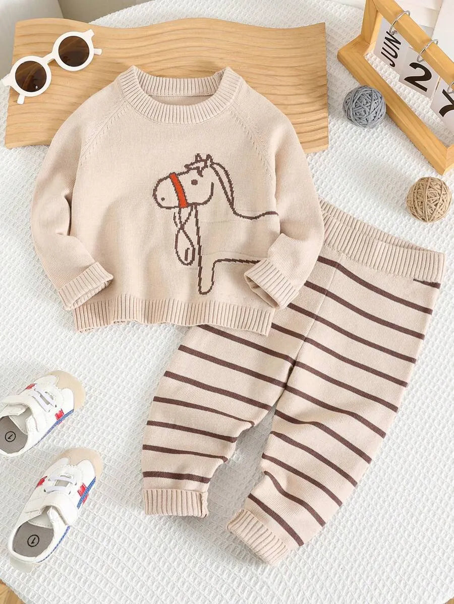Conjunto Bebê Menino Tricô Cavalinho Calça Listrada 6 Meses a 3 Anos Varialle