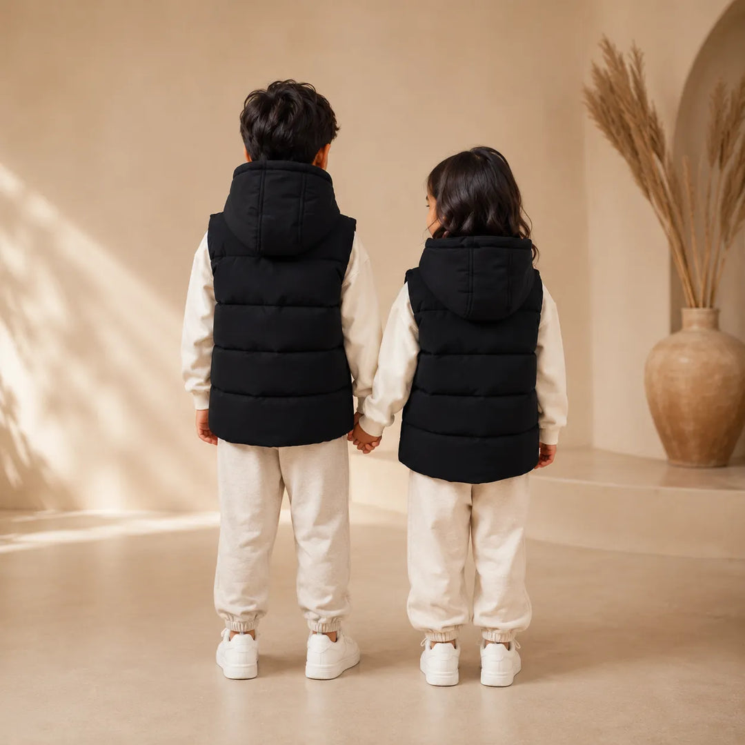 Jaqueta Puffer Infantil Sem Mangas Com Capuz Removível (Unissex)