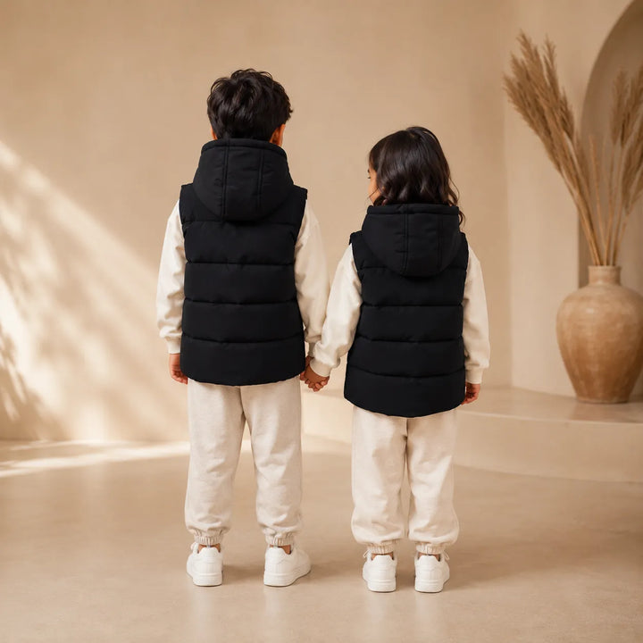 Jaqueta Puffer Infantil Sem Mangas Com Capuz Removível (Unissex)