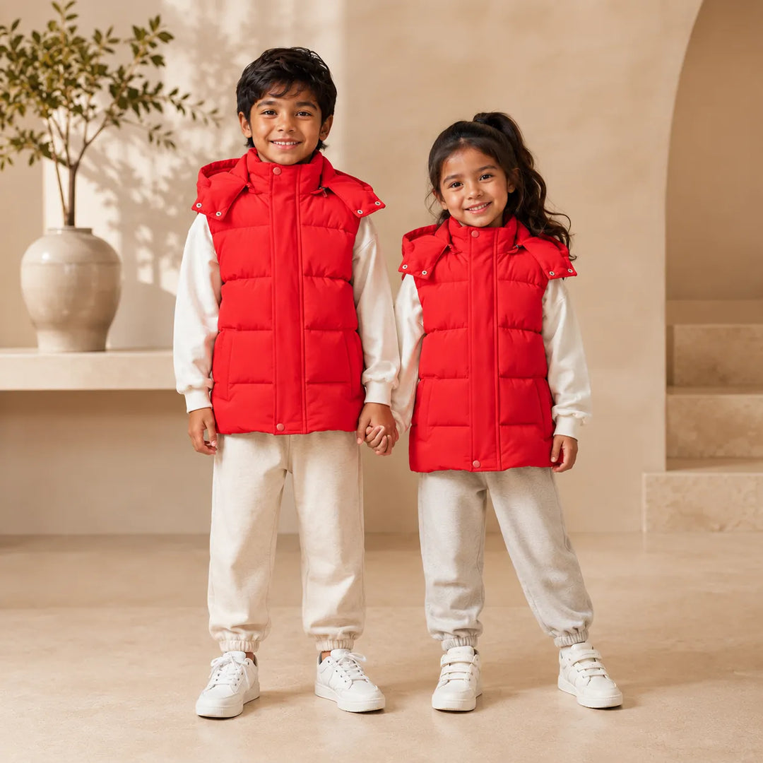 Jaqueta Puffer Infantil Sem Mangas Com Capuz Removível (Unissex)