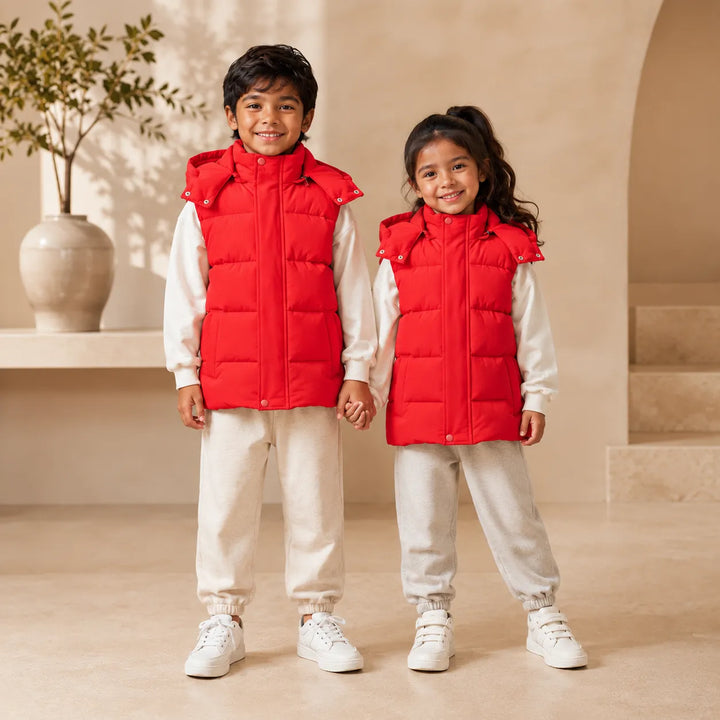 Jaqueta Puffer Infantil Sem Mangas Com Capuz Removível (Unissex)