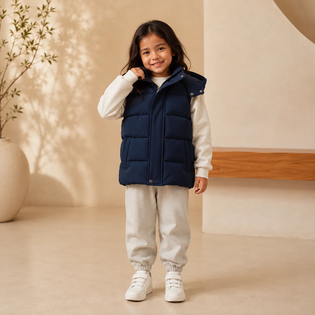Jaqueta Puffer Infantil Sem Mangas Com Capuz Removível (Unissex)
