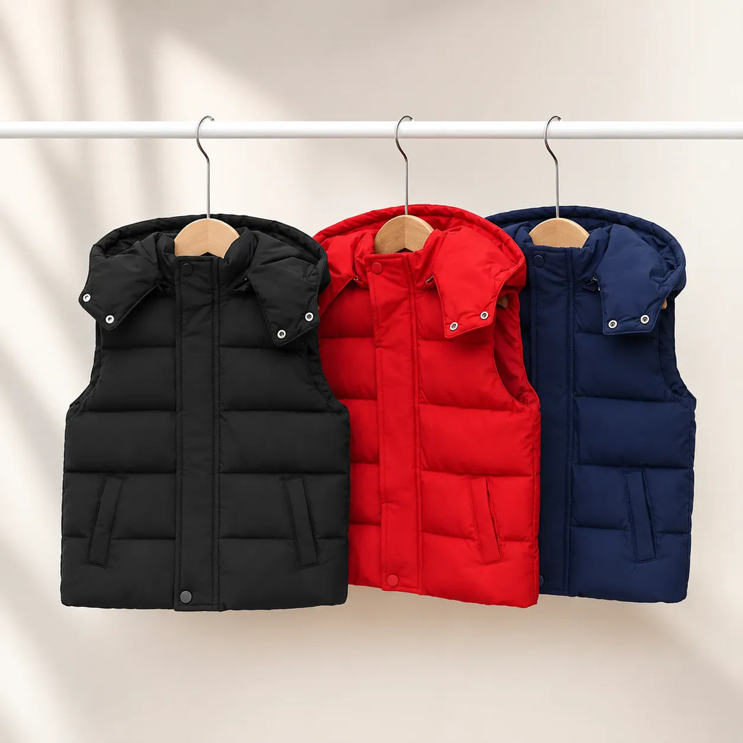 Jaqueta Puffer Infantil Sem Mangas Com Capuz Removível (Unissex)