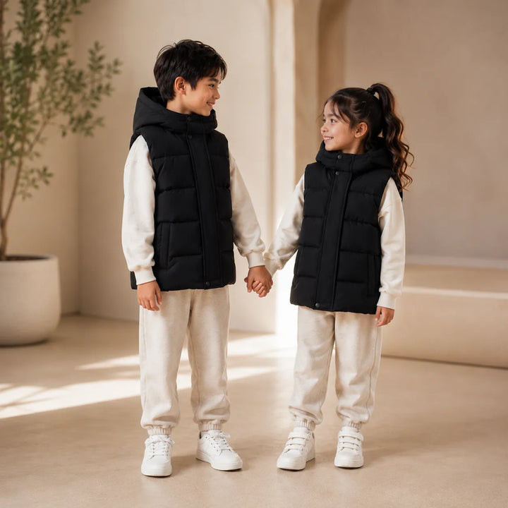 Jaqueta Puffer Infantil Sem Mangas Com Capuz Removível (Unissex)